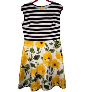 Sandra Darren Womens Dress  Black White Stripe Yellow Floral Sleeveless Petite 8